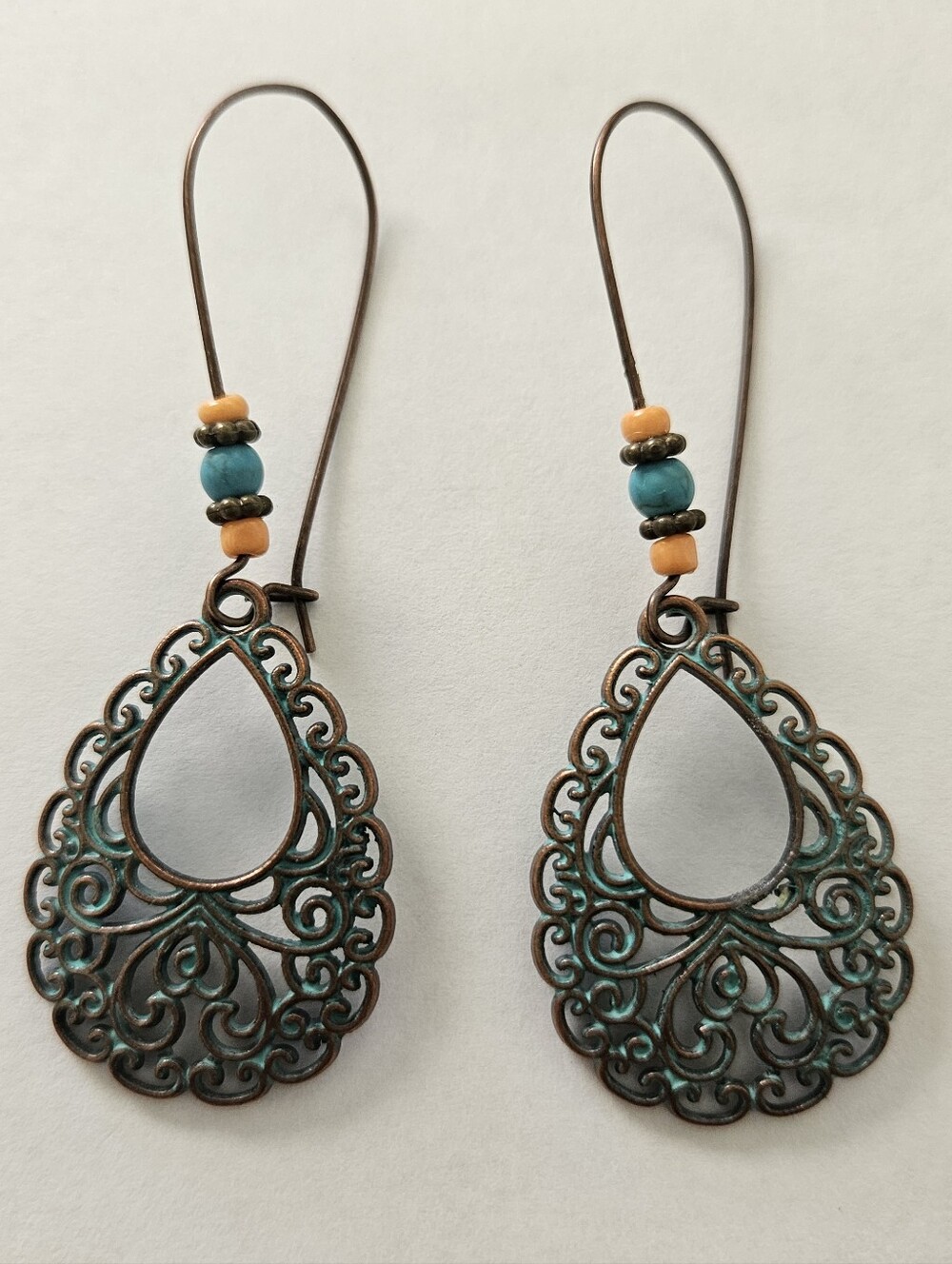 NWT Bohemian Turquoise Patina Teardrop Filigree Earrings Brown Blue Lightweight - Picture 1 of 4